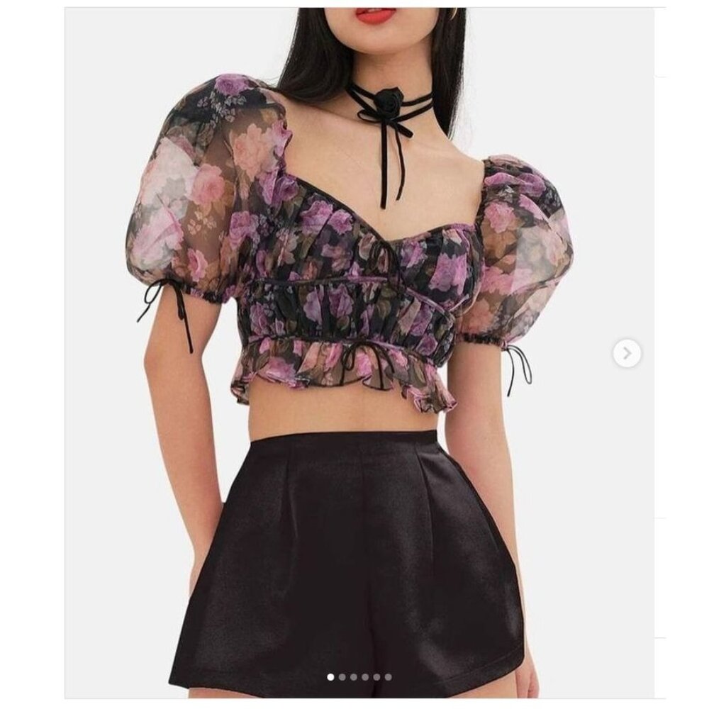 For Love & Lemons Sunshine Sheer Floral Puff Sleeve Crop Top Drawstring Detail